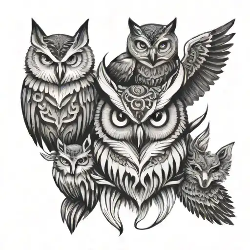 animal spirit totem pole. Owl, fox, wolf tattoo design idea