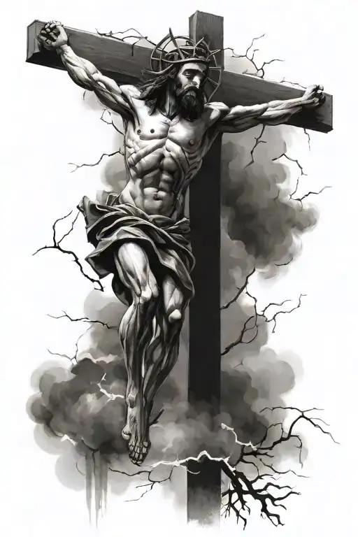 Jesus Christ's crucifixion, 2 others to the side, lightning strikes and storm in the background tattoo design idea