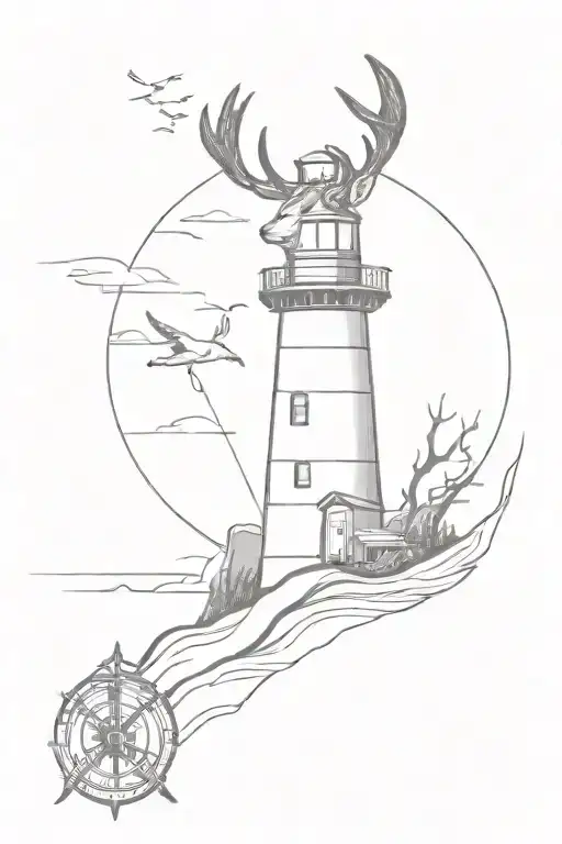 lighthouse background with an anchor underneath. a stag head in front of lighthouse  tattoo design idea