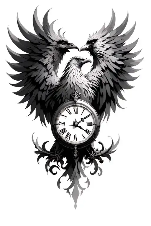 phoenix and clock face tattoo design idea