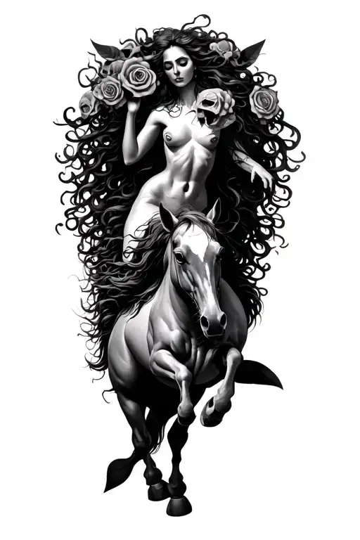 medusa with roses in her hair on a horse and a dolphin jumping over her, with skulls underneath the horse and a ; in hai tattoo design idea