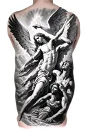 Right arm black and white realism tattoo sleeve of angels coming down from heaven to fight demons from hell tattoo design idea
