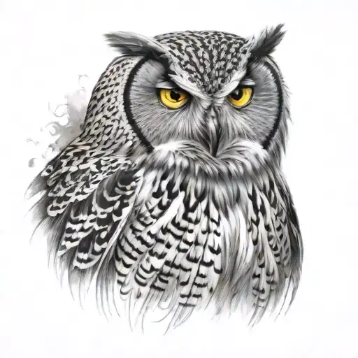 full size black and white owl facing toward, staring angrily with yellow eyes tattoo design idea