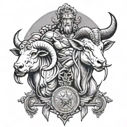 half bull head and Half ram head with the god of justice standing behind them with her Weight scales hanging infront tattoo design idea