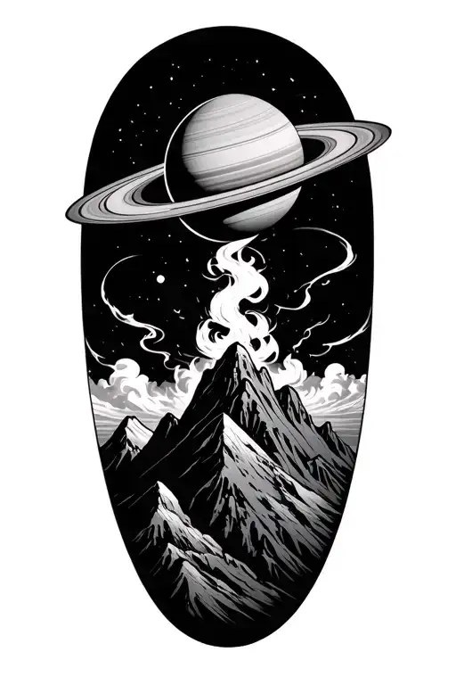 smoke forming saturn on top of a mountain peak tattoo design idea