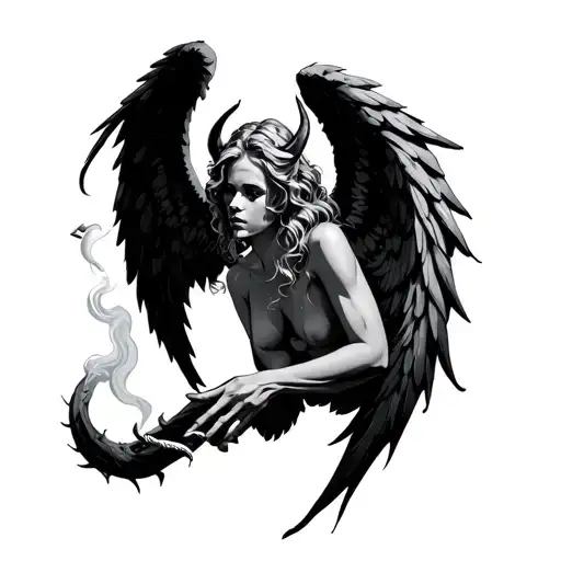 angel smoking a cigarette with one devils wing tattoo design idea