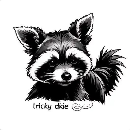 Yorkie. raccoon. the words "tricky dickie" tattoo design idea
