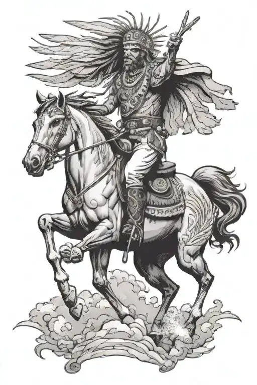 indian cheif riding a bucking grey horse feathers flow into the sky tattoo design idea