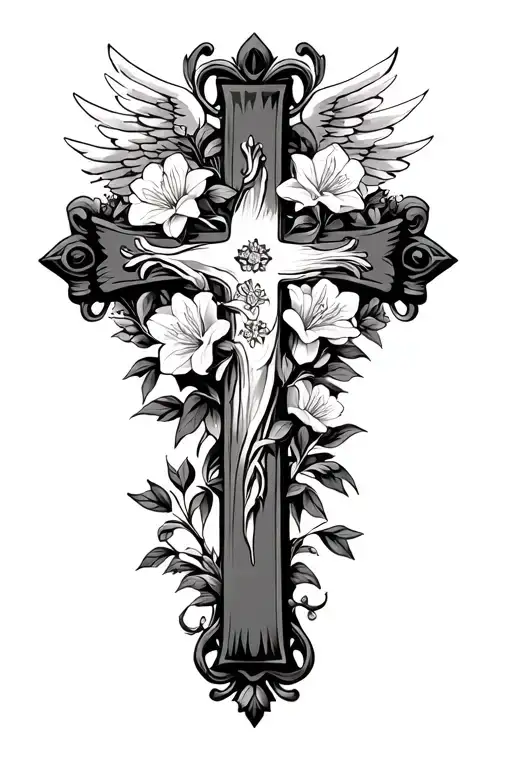 ornate cross with rhododendron surrounding and a scroll banner across the top with wings in the background tattoo design idea
