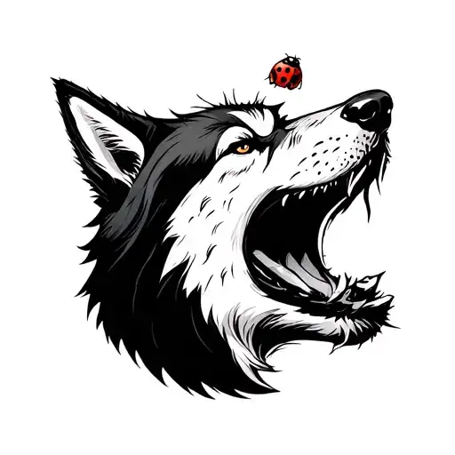 ladybug sitting on the nose of a wolf howling at the moon tattoo design idea