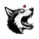ladybug sitting on the nose of a wolf howling at the moon tattoo design idea