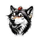 ladybug sitting on the nose of a wolf howling at the moon tattoo design idea