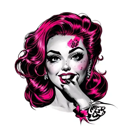 Short, chubby, sexy Pinup girl tattoo with pink hair and a mole on her right cheek and she's biting her bottom lip tattoo design idea