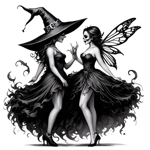 A witch and a fairy dancing eachother Like skulls facing each other tattoo design idea