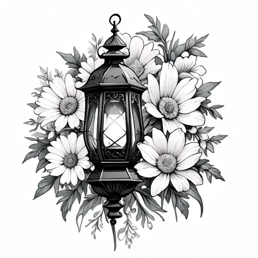 gothic lantern surrounded by daisy, narcissus, poppy, iris, daffodil, carnation tattoo design idea