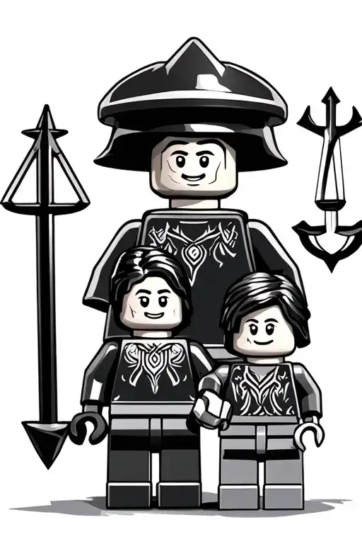 Lego father and son holding hands. fathers T-shirt contains Libra glyph element & sons T-shirt contains Aquarius glyph tattoo design idea