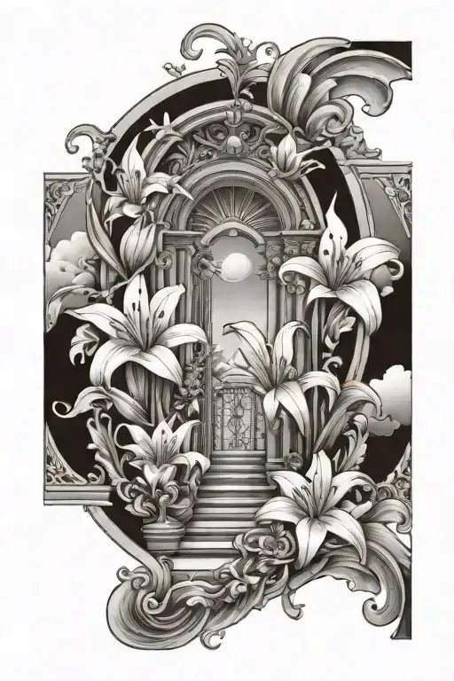 heaven gates, lily flower, staircase tattoo design idea