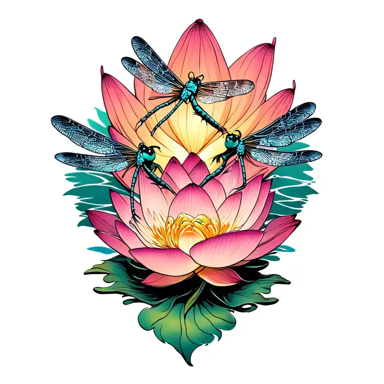 lotus flower with two dragonflies flying tattoo design idea