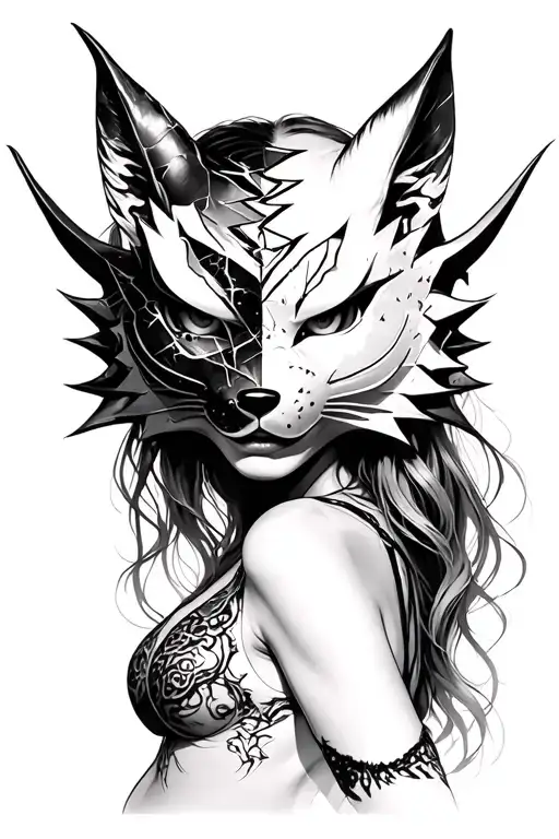 Sexy woman wearing an Oni mask, hiding behind a broken kitsune mask tattoo design idea