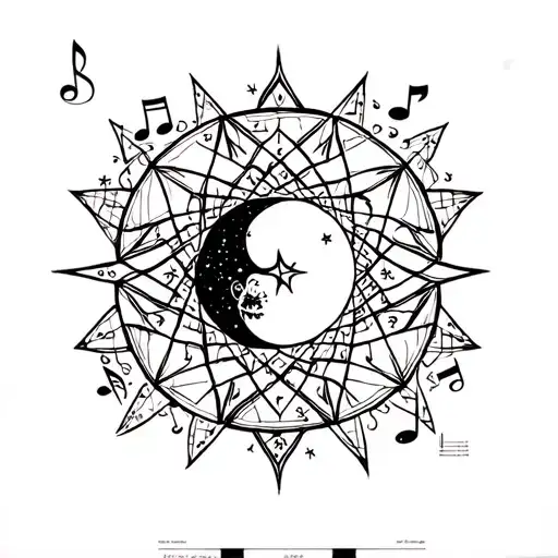 A geometric mandala incorporating musical notes and symbols, with the moon and sun intertwined in the design tattoo design idea