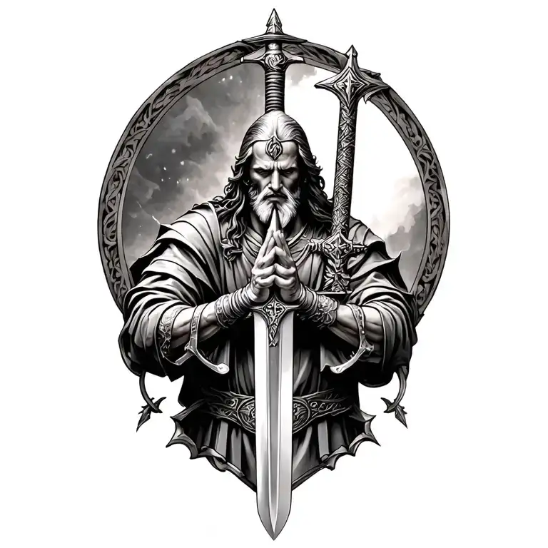 praying Christian warrior wielding a sword tattoo design combining elements tattoo design idea
