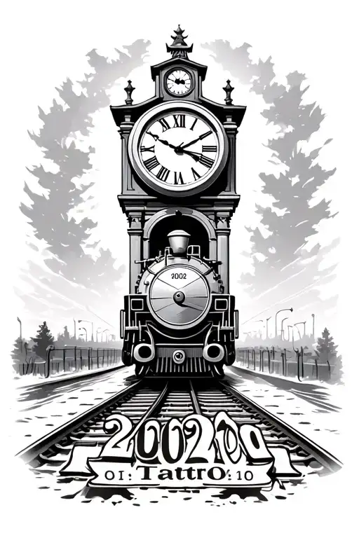 A streamtrain with a grandfather clock in the background. also want seperate roman numerals of the years 2022 and 2020 tattoo design idea
