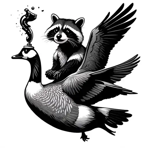 racoon riding a goose in flight holding a molotov cocktail tattoo design idea