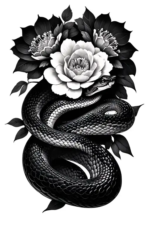 snake and flowers intertwined tattoo design idea