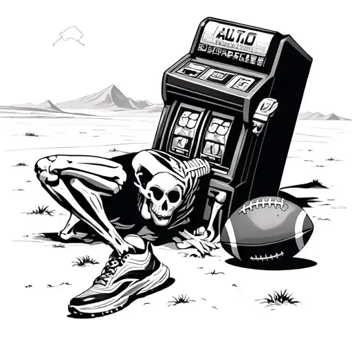 laying skelaton in the desert with running shoes and football with a slot machine  tattoo design idea