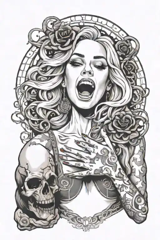 just black and white, sexy woman singing, little gothic, long blond hair, holding a bloody heart in her left hand tattoo design idea
