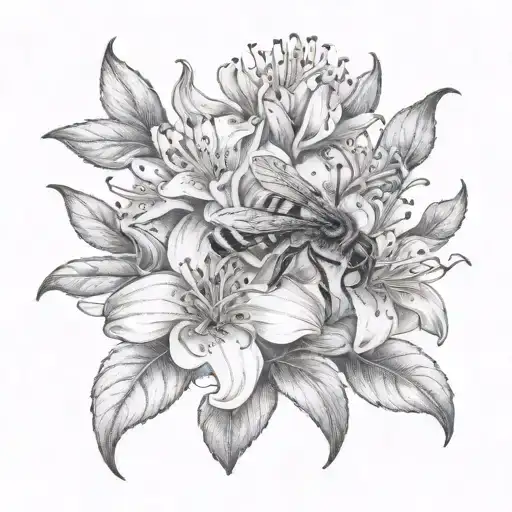 , honeysuckle, honeybee collecting nectar tattoo design idea