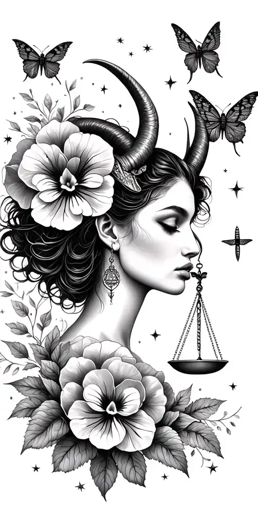 Capricorn woman with horns, LIBRA SCALES, pansy flower, butterfly, dragon flies, large beetle, hydrangea petals, stars tattoo design idea