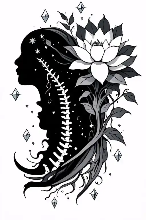 spine tattoo, simple lines, vines and lotus flower with small diamond stars, minimalistic but long with fine line style tattoo design idea