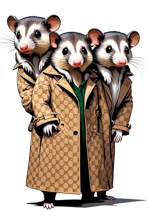 three opossums standing on eeachothers shoulders in a gucci style trench coat tattoo design idea