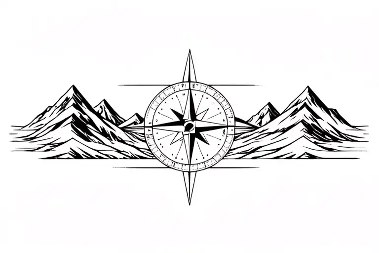 large compass with long north point surrounded by intricate geometric moutains and waves. grayscale.  tattoo design idea