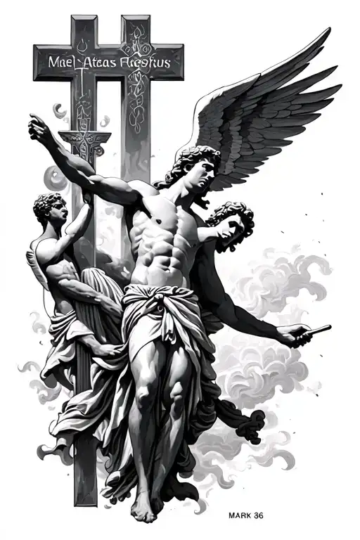 mark 8:36 with text, cross, greek god atlas, and greek god icarus tattoo design idea