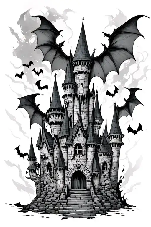 dracula castle with bats in dark fantasy and neo tribal style tattoo design idea