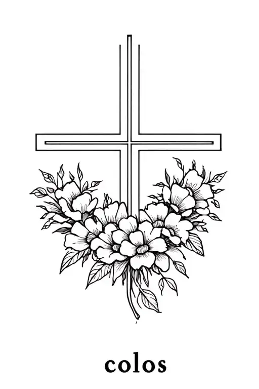 A fine lined tattoo with a cross but the cross is made up of flowers and at the bottom half on the cross the words colos tattoo design idea