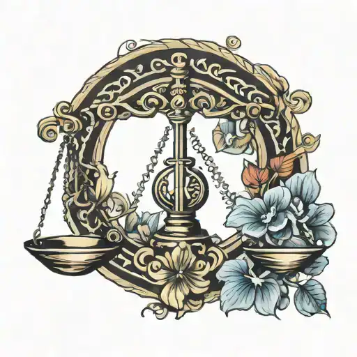 "Design a tattoo that embodies the essence of a Libra (air sign), featuring a prominent and elegant balance scale as the tattoo design idea