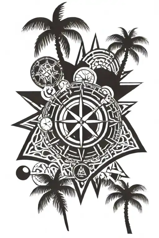 manta and compass from shell, palm tree tattoo design idea