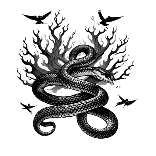 snake wrapped around wrist. add flames, birds, a leafless tree, and lightning tattoo design idea