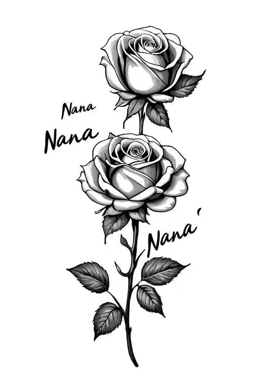 "Nana" "Nana" "Nana" rose with a name through it on the middle finger tattoo tattoo design idea