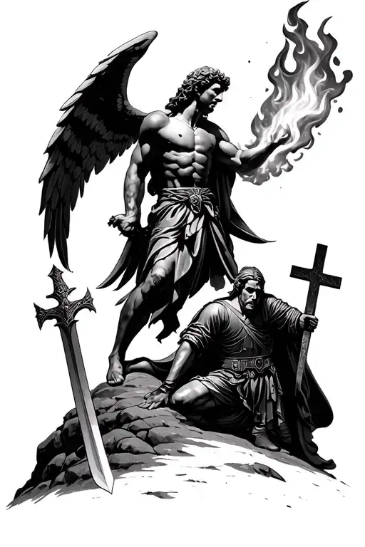 ARCHANGEL MICHAEL WITH HIS FLAMING SWORD, THEN BELOW THIS IMAGE A CROSS ON A HILL AND A KNEELING SOLDIER BEFORE IT tattoo design idea