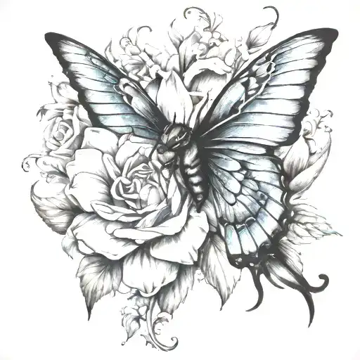 flower with devil wing tattoo design idea