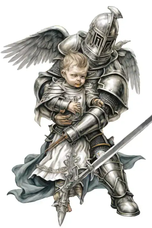 knight Angel and baby knight holding sword tattoo design idea