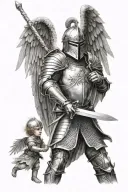 knight Angel and baby knight holding sword tattoo design idea