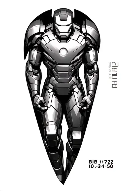 “Iron Man in black & grey, heroic pose, Alps in background, bib 1172 on arm, 10:34:50 below arc reactor, vertical tattoo tattoo design idea