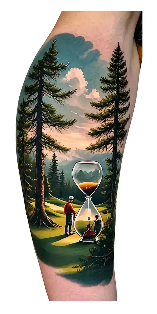 pine forest scene and family on golf course and ansel adams and hour glass tattoo design idea