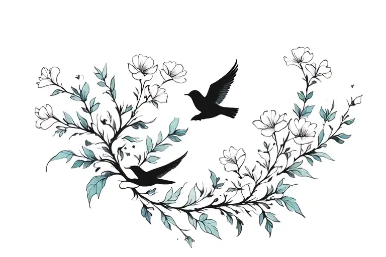 Birds flying from flowers blooming tattoo design idea