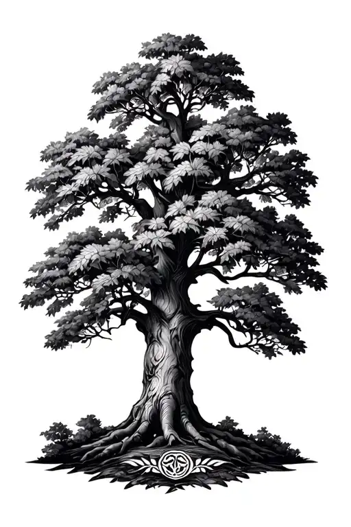 A big oak tree with lots of leafs with a laurel wreath with a tribal design tattoo design idea